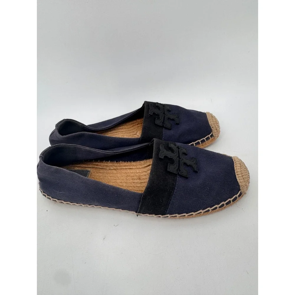 Tory Burch Weston Flat Espadrilles Women 8 Navy Blue Canvas Logo